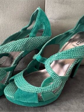 Bakers Teal Green Suede & Snake-Print Strappy High Heels